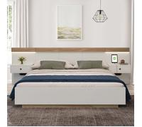 Lit double Lit en bois 180 x 200 cm avec 2 lumières LED et prise USB/Typ-C et 2 tables de chevet - blanc