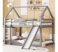 Lit double, lit enfant, lit cabane, lit superposé avec toboggan et échelle, lit superposé double haut pour chambre d'enfant, gris, 140x200cm