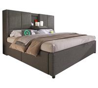 Lit double - Lit rembourré avec espace de rangement - 140 x 200 cm - Mélange de lin gris - Mécanisme de levage hydraulique - Station de charge et porte-gobelets discrets - Sommier à lattes, matelas no