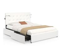 IDMarket Lit double MAEL 140 x 190 cm tête de lit capitonnée PVC blanc, liseuses, sommier, 2 tiroirs