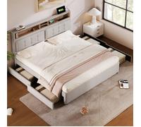 Lit double matelassé 140 x 200 cm avec 4 tiroirs, sommier à lattes bois, tête réglable et prise USB-C - beige