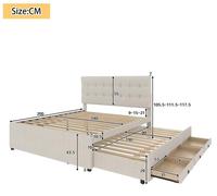 Lit double matelassé - Lit familial - 3 tiroirs de rangement - Lit escamotable - Tête de lit réglable - Sans matelas - 140 x 200 cm - Beige