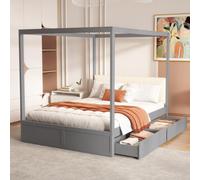 Lit double Merax 140x200 cm avec 2 grands tiroirs, lit pour enfant avec dossier rembourré, lit double transformable en tente avec espace de rangement, couleur gris