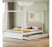 Lit double Merax 140x200 cm avec 2 grands tiroirs, lit pour enfant avec dossier rembourré, lit double en forme de tente avec espace de rangement, blanc