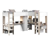 Lit double mezzanine combiné enfant ALEXANDRA avec 2 bureaux et rangements - 2x90x200 cm - Blanc/Chêne - Sommiers inclus - PARISOT