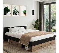 Lit double MINEA 140 x 190 cm avec tête de lit + tiroirs + niches de rangement et sommier hêtre et noir