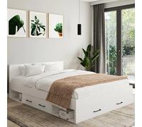 IDMarket – Lit double MINEA – Tiroirs, niches, tête de lit et sommier 140 x 190 cm – Blanc