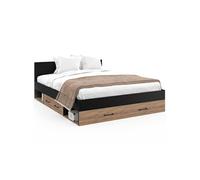 Lit double MINEA 140 x 190 cm avec tête de lit + tiroirs + niches de rangement et sommier hêtre et noir
