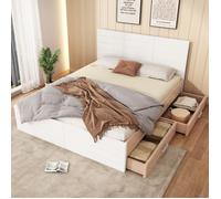 Lit double - Moderne - 180x200 cm - Blanc & chêne - 2 tiroirs, bois massif