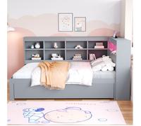 Lit double multifonction avec rangements, tiroirs, port USB et LED - TCQPZ - en bois gris 140 x 200 cm