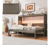 Lit double Murphy avec poignée vintage et bande lumineuse LED - Cadre de lit pliable en bois pour chambre à coucher, chambre d'amis, bureau à domicile - Élégant et fonctionnel (marron)