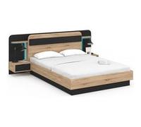 IDMarket Lit double 140 x 190 cm NATHAN - tête de lit, chevets suspendus, LED, sommier bois noir