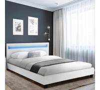 IDMarket - Lit Double Neo avec tête de lit LED intégrées et sommier 140 x 190 cm PVC Blanc