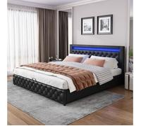Lit double noir 140×200 cm avec sommier inclus, coffre de rangement et LED, structure solide, montage nécessaire