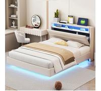 Lit double O.Ye 140 x 200 cm avec éclairage USB/LED et tête de lit réversible en lin beige - Matelas non inclus gris LIT COMBINE