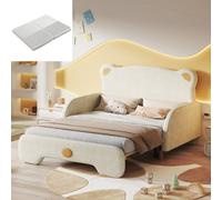 Lit double ourson pour enfants avec fonction extension, housse en velours, design sûr & sommier à lattes en bois pratique, 140x110cm/140x200cm, beige