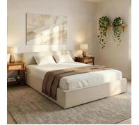 Lit Double PESARO rembourré 160x200 cm, Tête de lit en Tissu, Blanc Crème, avec Sommier, Lit Queen Size pour Adulte, Lit 2 Places
