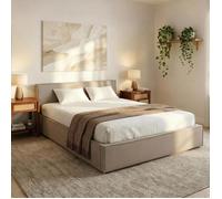 Lit Double PESARO rembourré 160x200 cm, Tête de lit en Tissu, Grège, avec Sommier, Lit Queen Size pour Adulte, Lit 2 Places