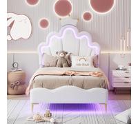 Lit double plat, lit de princesse en forme de couronne, lit d'enfant en cuir PU, bande lumineuse d'environnement LED ajustable, 90*200cm, blanc