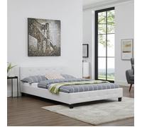 Lit double pour adulte MATHIEU avec sommier 140x190 cm 2 places / 2 personnes tête et pied de lit capitonnés en synthétique blanc