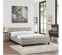 Lit double pour adulte MATHIEU avec sommier 140x190 cm 2 places / 2 personnes, tête et pied de lit capitonnés, en tissu beige