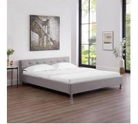 Lit double pour adulte NIZZA queen size 160x200 cm 2 places / 2 personnes, avec sommier et pieds métal chromé, tissu capitonné gris