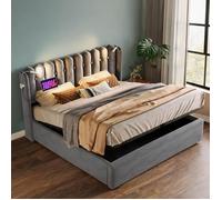 Lit double pour chambre adulte, velours gris neutre 140x200 avec rangement et recharge USB