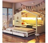 Lit double pour enfant 90×200 cm + 90×190 cm, avec lit gigogne, 2 tiroirs, prises de recharge et éclairage LED, étagères, blanc