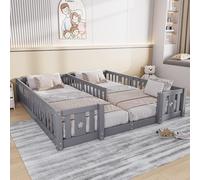 Lit double pour enfant avec barrières, en bois massif, motif étoiles, gris, 2 x 90 x 200 cm (sans sommier à lattes)