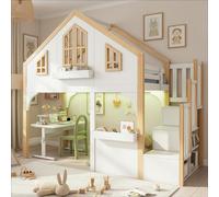 Lit double pour enfant MODFU 90x200 avec LED et barrière de sécurité, lit superposé avec espace de rangement, cadre de lit avec trois fenêtres, sans matelas, blanc