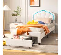 Lit Double Pour Enfants 90x200 Cm, Avec LED Et Tiroir, Tête De Lit En Forme De Pétale, Blanc