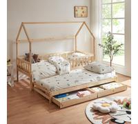 Lit double pour enfants « Aarghonmaa » en forme de maison 90 x 200 cm avec lit gigogne, barrière de sécurité et 2 tiroirs en bois de pin naturel