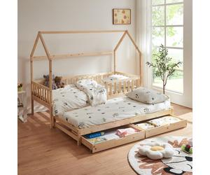 Lit double pour enfants « Aarghonmaa » en forme de maison 90 x 200 cm avec lit gigogne, barrière de sécurité et 2 tiroirs en bois de pin naturel
