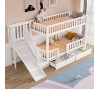 Lit double pour enfants, lit à deux niveaux, lit multifonctionnel pour enfants, avec toboggan et escaliers, avec 2 tiroirs, avec porte magnétique, sans matelas, en bois massif, blanc, 90 x 200 cm