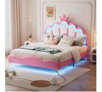 Lit double princesse pour enfant 140x200 cm, tête de lit couronne LED RGB, PU rose, pieds dorés, sommier à lattes inclus