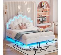 Lit double princesse pour enfant 140x200 cm, tête de lit couronne LED RGB, simili cuir blanc, pieds dorés, sommier à lattes inclus