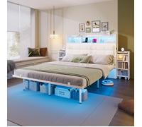 Lit double rembourré, 140 x 190 cm, avec rangement, ports de recharge et éclairage LED, deux tables de chevet coulissantes, blanc