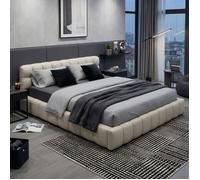 Lit Double Rembourré - 140 x 190 cm - Dossier Confortable et Contour Matelassé - Superbe Lit Plat en Pur Tissu Lin Beige