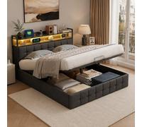 Lit double rembourré 140 x 190 cm, lit de rangement avec espace de | Lit 140 x 190 cm avec espace de rangement, cadre de lit pour adolescent avec sommier à lattes, lit hydraulique pour adulte