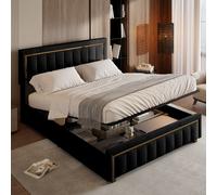 lit double rembourré 140 x 200,lit coffre avec sommier,lit adulte 140 x 200 avec levier hydraulique,velours,noir
