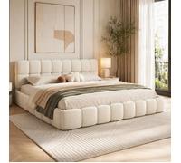 Lit Double Rembourré 140x190, Lit Bubble avec Sommier à Lattes, lits matelassé nuage, Lits 2 Personnes Capitonne, Lin, Beige