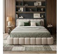Lit Double Rembourré 140x190cm en Lin Beige | Tête de Lit Capitonnée à 8 Carrés | Cadre Matelassé Encastrable | Sommier à Lattes