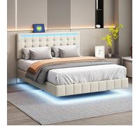Lit double rembourré 140x200 cm, lit plat flottant rembourré avec LED, ports USB, lin, pour adultes et adolescents, lin, beige