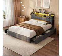 Lit Double Rembourré 160 x 200 cm avec 4 Tiroirs + LED + port de charge USB, Cadre de Lit en flanelle avec Sommier à Lattes, Grey