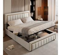 lit double rembourré 160 x 200,lit coffre avec sommier,lit adulte 160 x 200 avec levier hydraulique,velours,beige