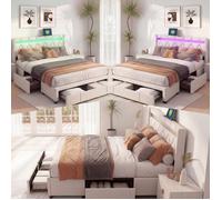 Lit double rembourré 160x200 cm, Tête de lit rembourré avec LED et USB, Cadre de lit fonctionnel avec 4 tiroirs, Beige Lin