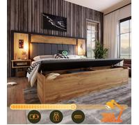 Lit Double Rembourré 180x200, Cadre avec Lampe de Lecture, Table de Chevet USB-C et Banc de Rangement, Chêne et Lin (Sans Matelas)