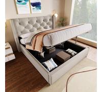 Lit double rembourré à réglage hydraulique 140 x 200 cm, lit avec sommier à lattes et cadre métallique, structure de lit moderne avec espace de rangement, coton, gris clair