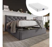 Lit double rembourré à réglage hydraulique 140 x 200 cm, lit avec sommier à lattes et cadre métallique, structure de lit moderne avec espace de rangement, coton, gris (avec matelas)
