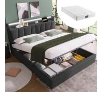 Lit double rembourré avec fonction de recharge USB, tête de lit avec rangement et éclairage LED, lit double 160 x 200 cm, gris (avec matelas)